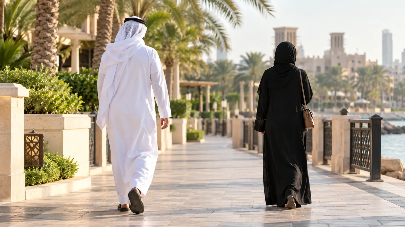 رجل وامرأة يسيران بمسافة محترمة في مكان عام، صورة عن التأكد من جدية الزواج
