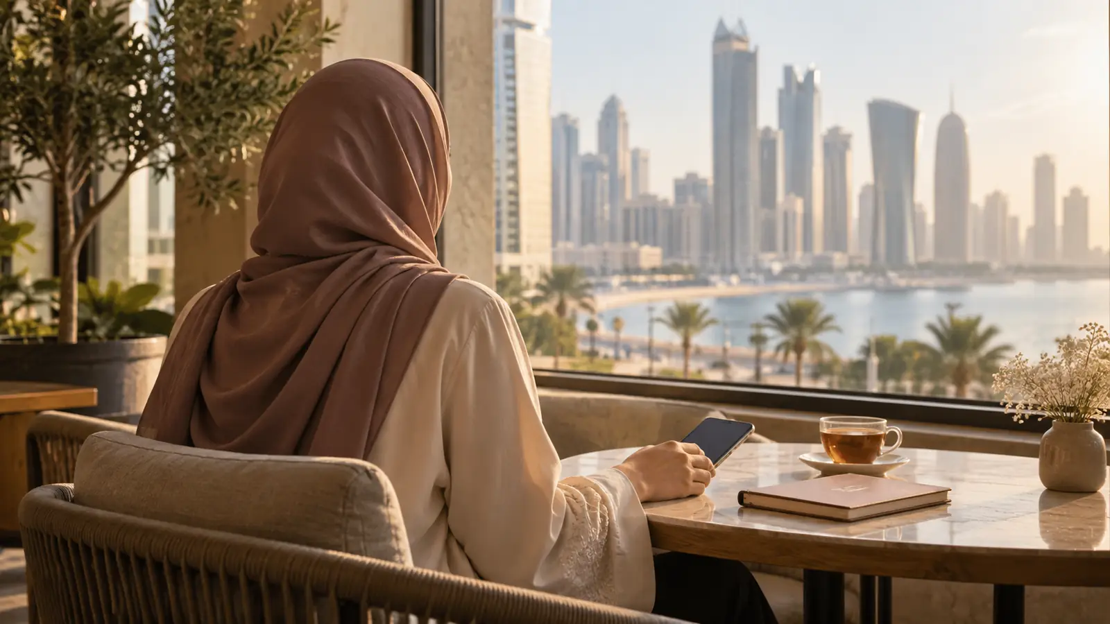 سيدة عربية من الخلف تراجع هاتفها قرب نافذة مقهى وهي تقارن بين أفضل تطبيق زواج عربي وغيره