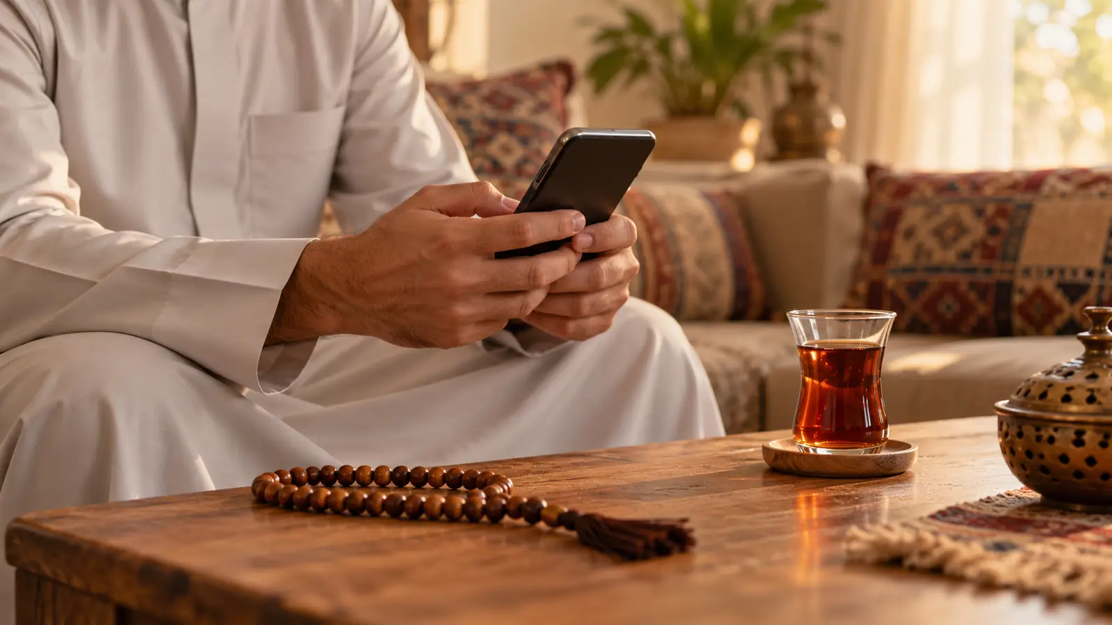 يدا رجل عربي تمسكان هاتفًا بجانب مسبحة وكوب شاي أثناء اختيار تطبيق زواج إسلامي