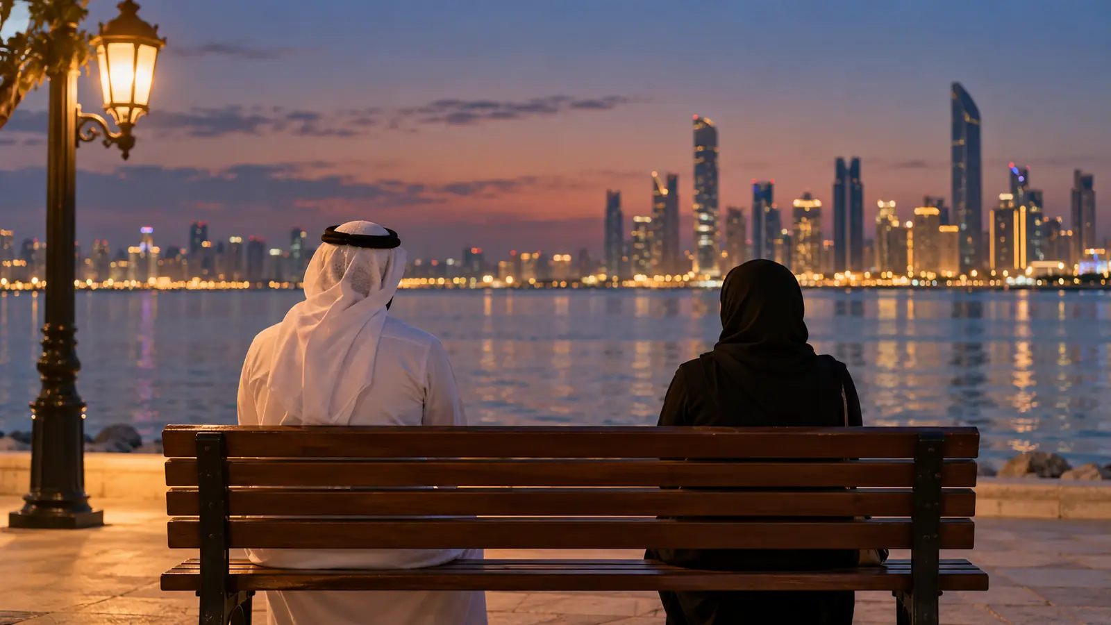رجل وامرأة من الخلف على مقعد يطل على واجهة مائية في المساء