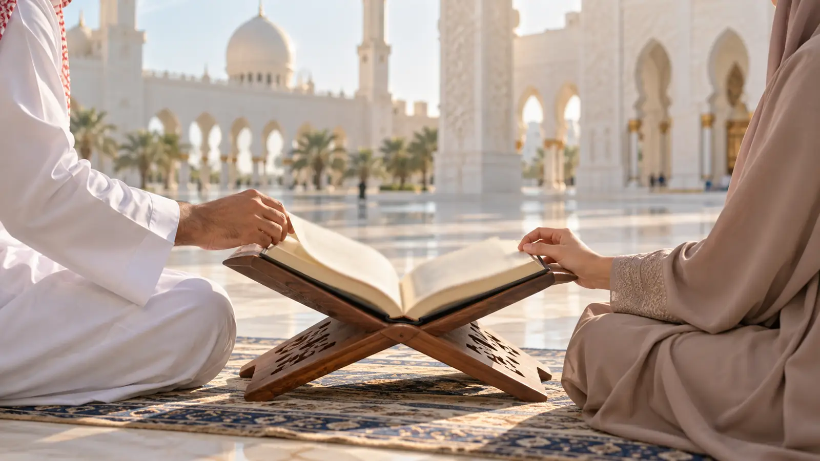 مصحف على حامل خشبي في فناء مسجد مضاء بضوء طبيعي هادئ