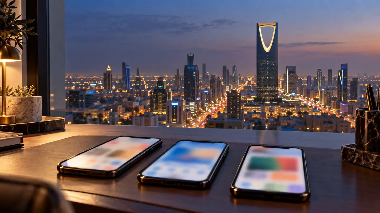 ثلاثة هواتف متجاورة على مكتب يطل على أفق الرياض عند المساء