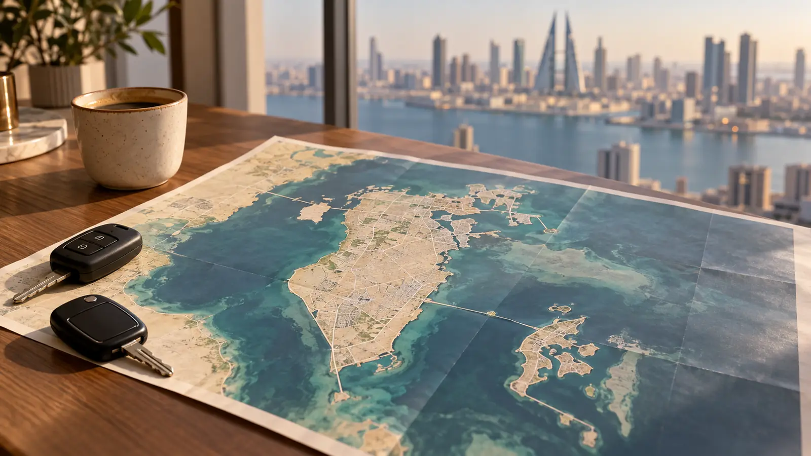 خريطة جزر البحرين ومفتاحا سيارة على طاولة مع أفق المنامة