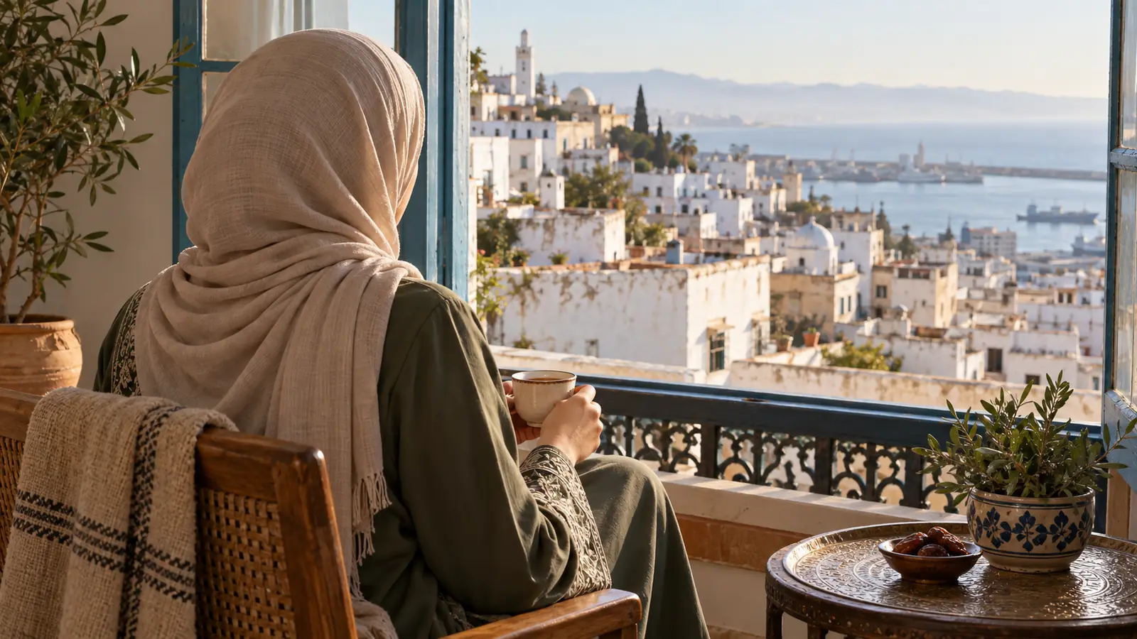 امرأة تفكر في بداية جديدة بنية الزواج قرب نافذة تطل على أسطح بيضاء