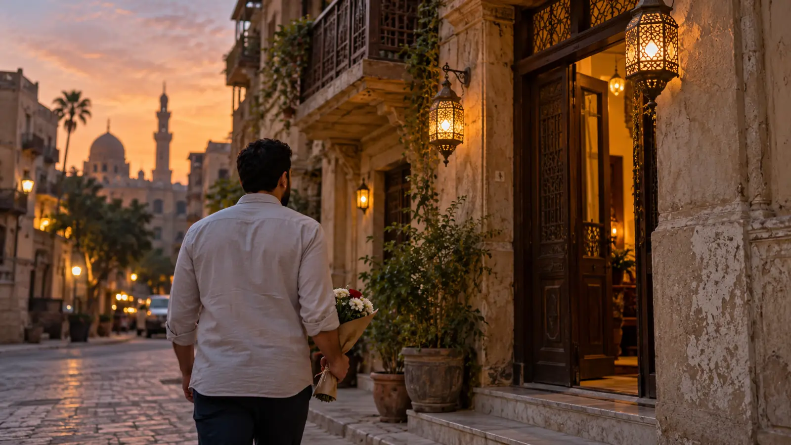 رجل يحمل باقة صغيرة متجهًا إلى مدخل بيت في شارع قاهري قديم وقت الغروب