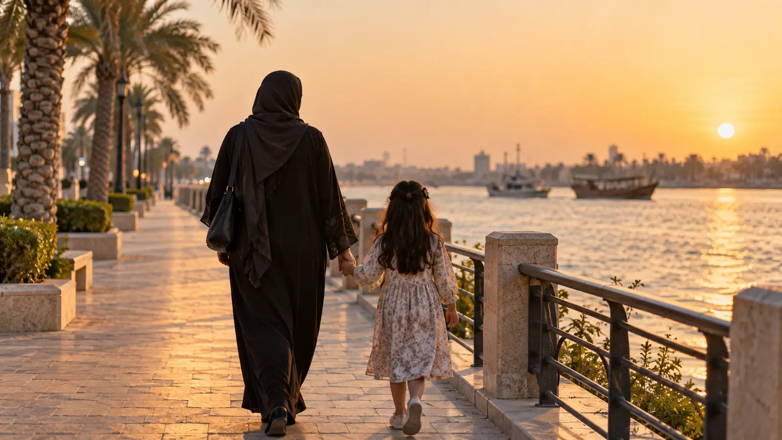 امرأة عراقية من الخلف تمسك بيد طفل على ممشى نهري في الضوء الدافئ