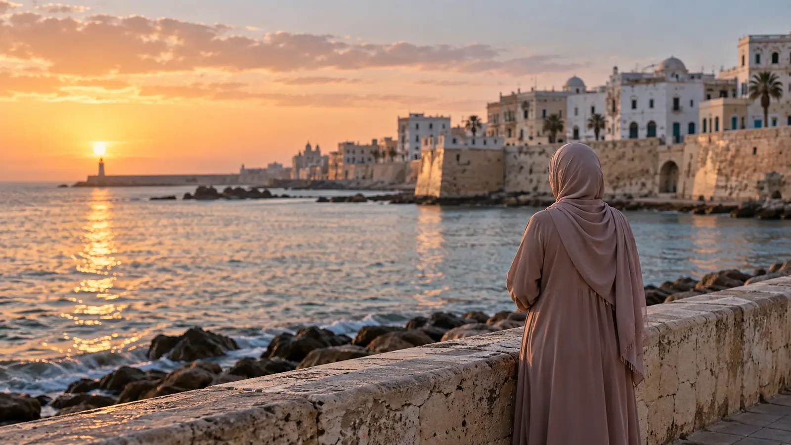 واجهة بحرية هادئة في طرابلس ليبيا فجرًا وامرأة محتشمة تنظر إلى البحر من الخلف