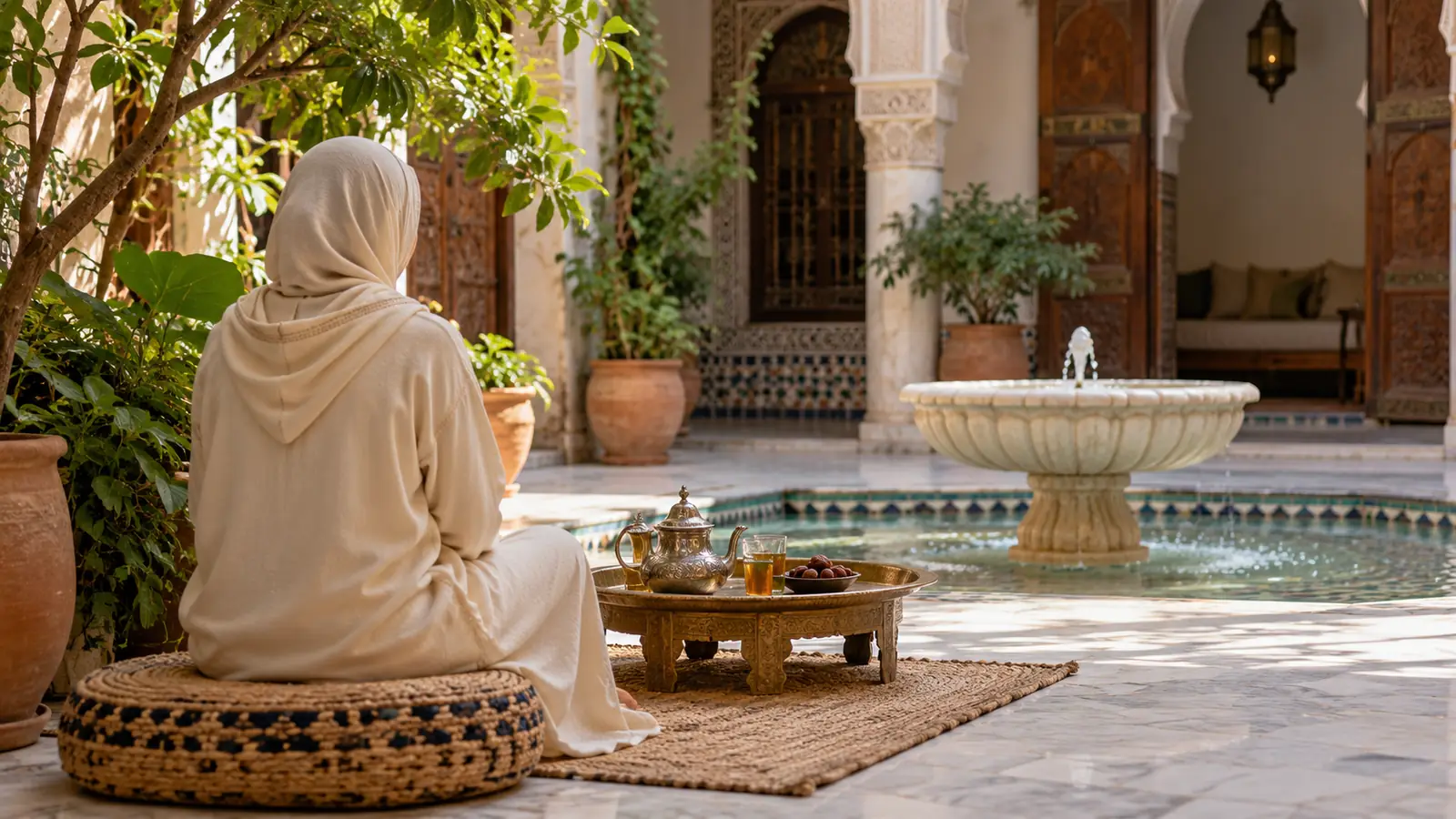 فناء رياض مغربي بزليج وسط ضوء الصباح وامرأة محتشمة تجلس من الخلف قرب صينية شاي