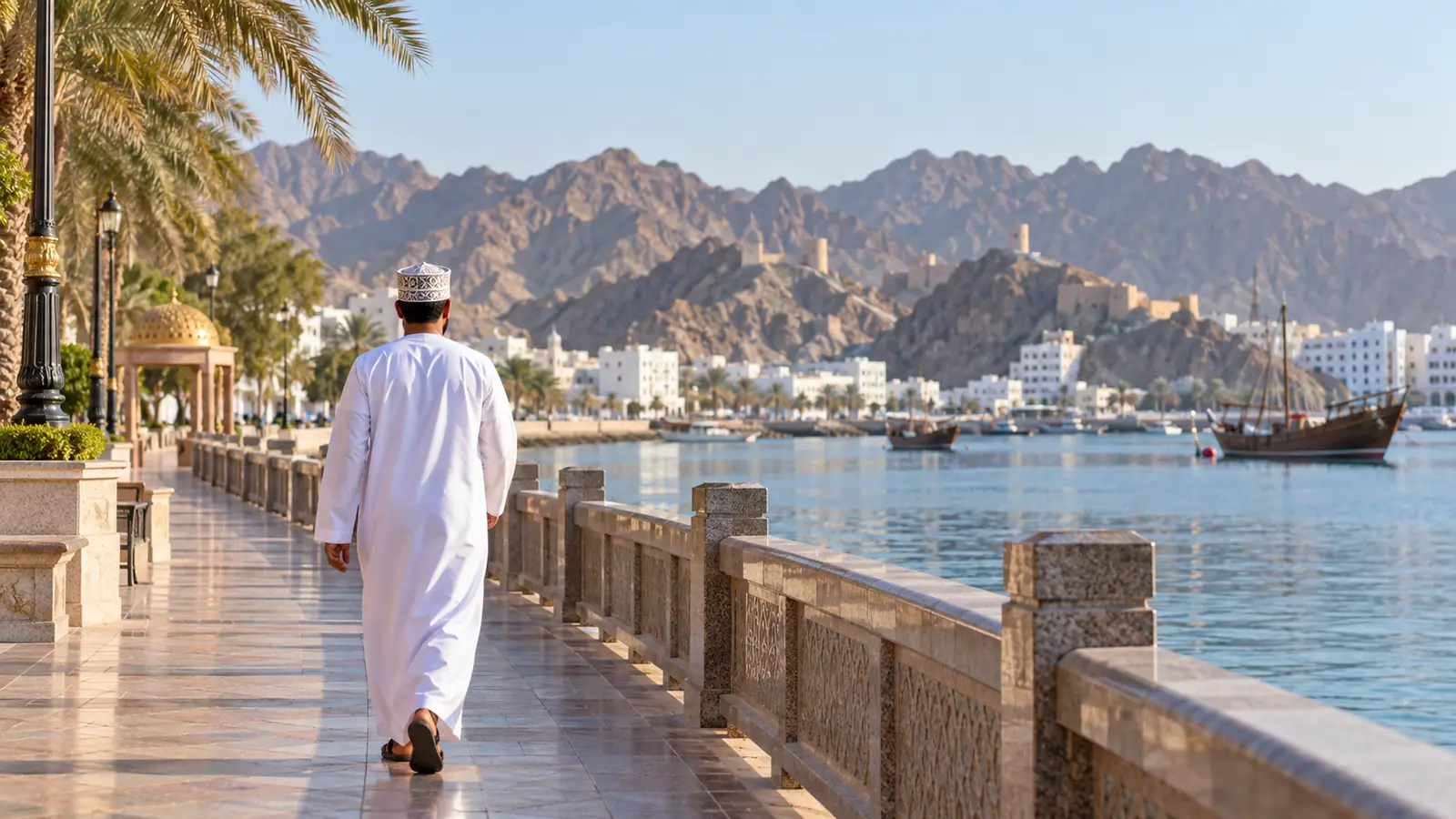 رجل عماني بالزي التقليدي يسير على كورنيش مطرح في مسقط وهو يفكر في الزواج من مطلقة