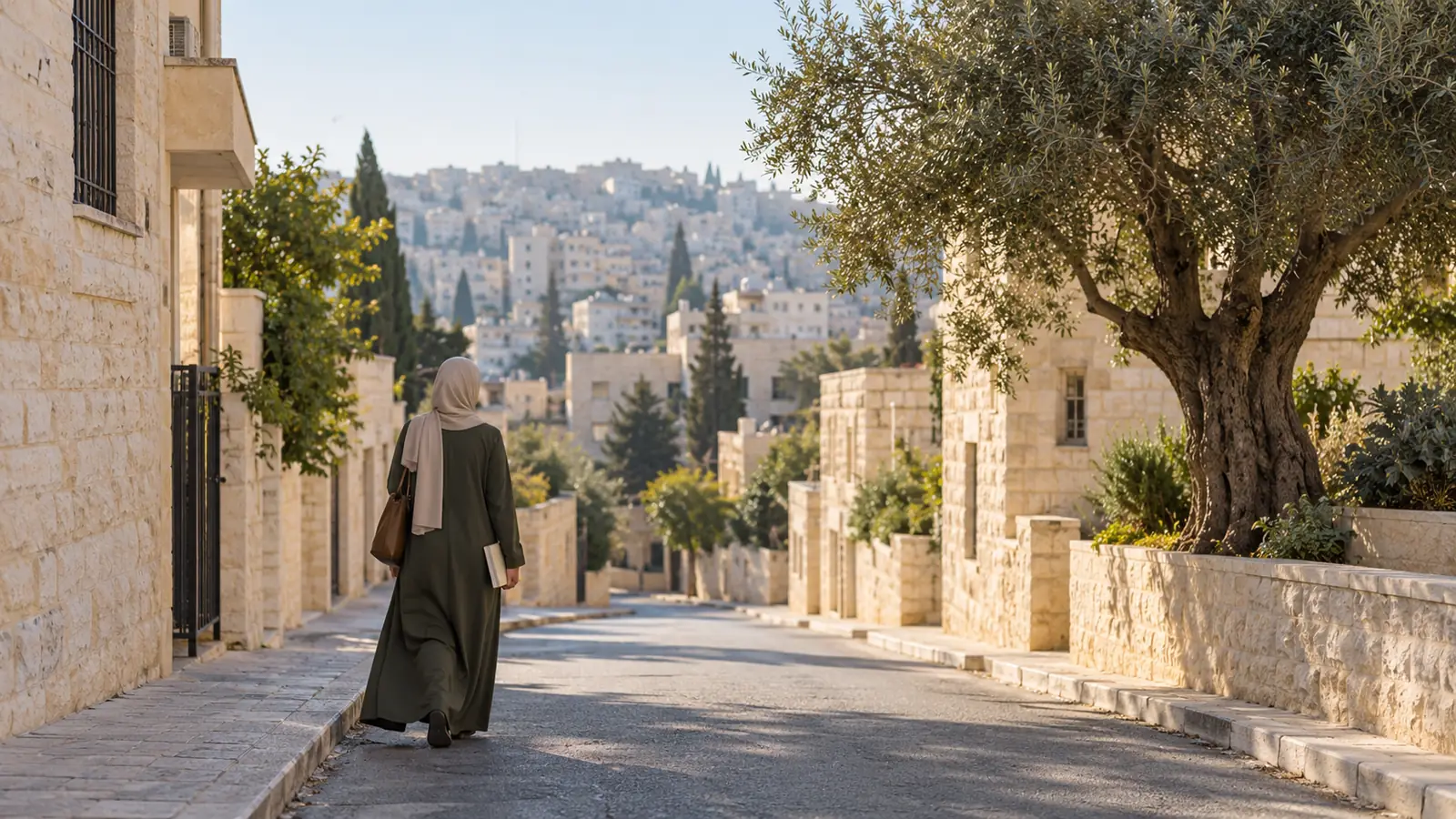 شارع هادئ في رام الله صباحًا وامرأة من الخلف، لمن يبحث عن مطلقات للزواج في فلسطين