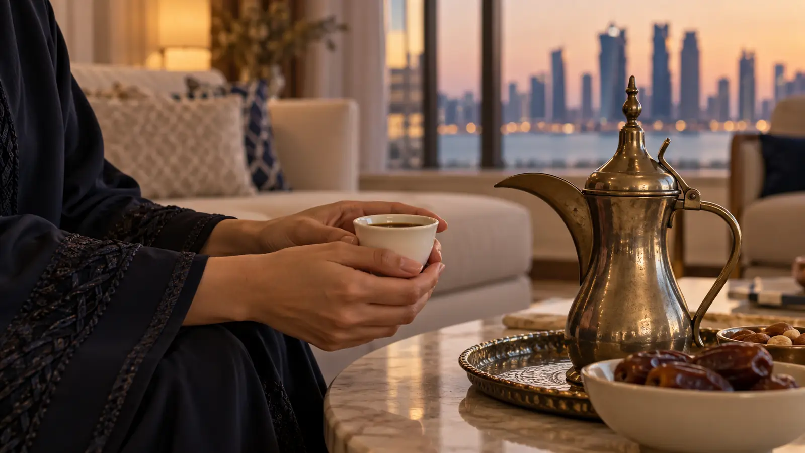 يدا امرأة تمسك فنجان قهوة عربية بجانب دلة في بيت هادئ عند الغروب