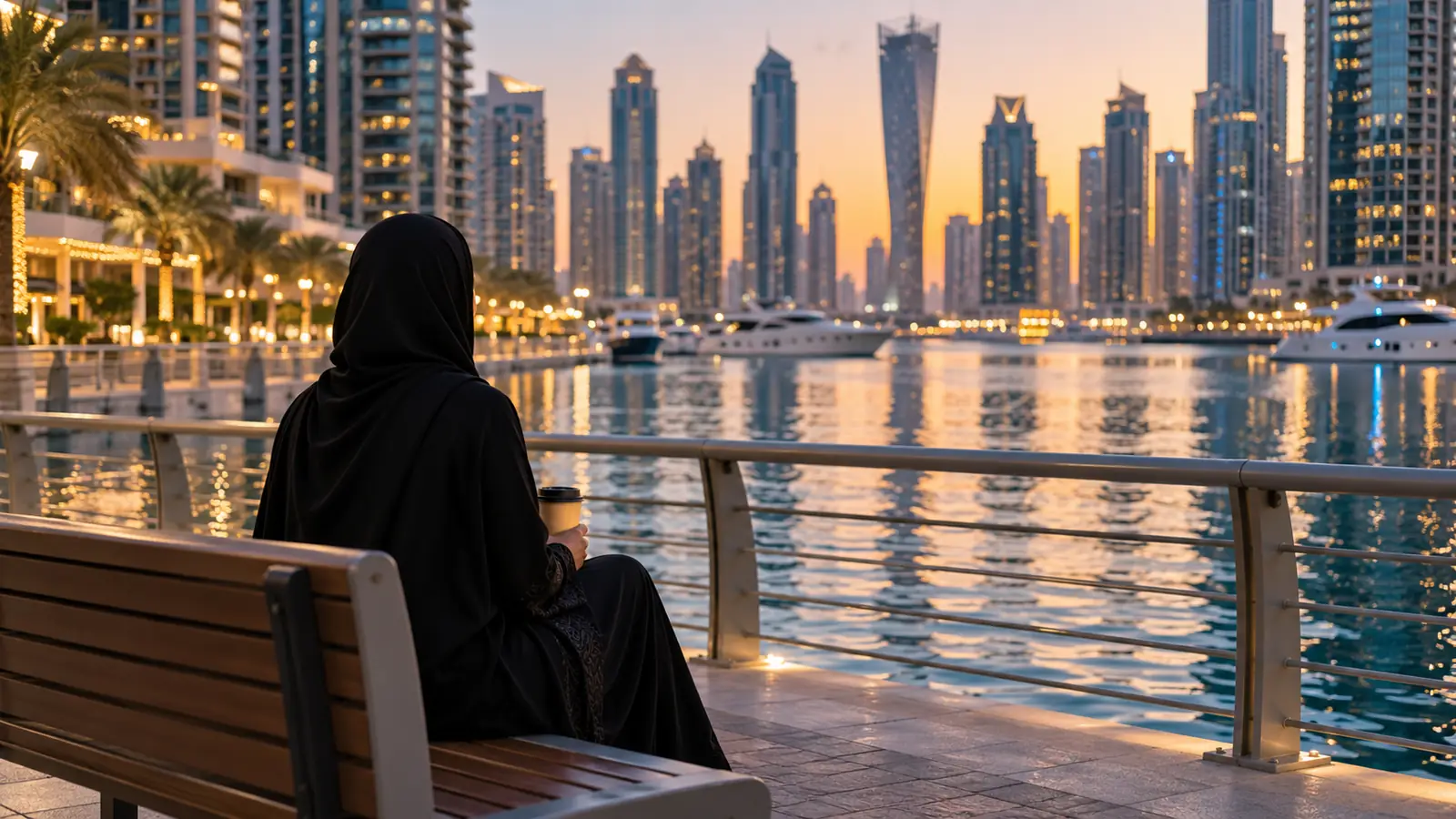 امرأة بعباءة تجلس على مقعد بجانب مرسى دبي وقت الأصيل في هدوء