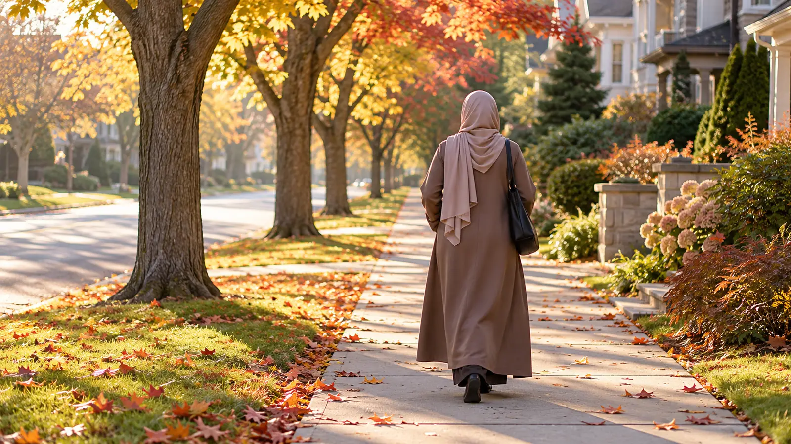 امرأة محتشمة تمشي في شارع هادئ تحفه الأشجار في ضاحية أمريكية