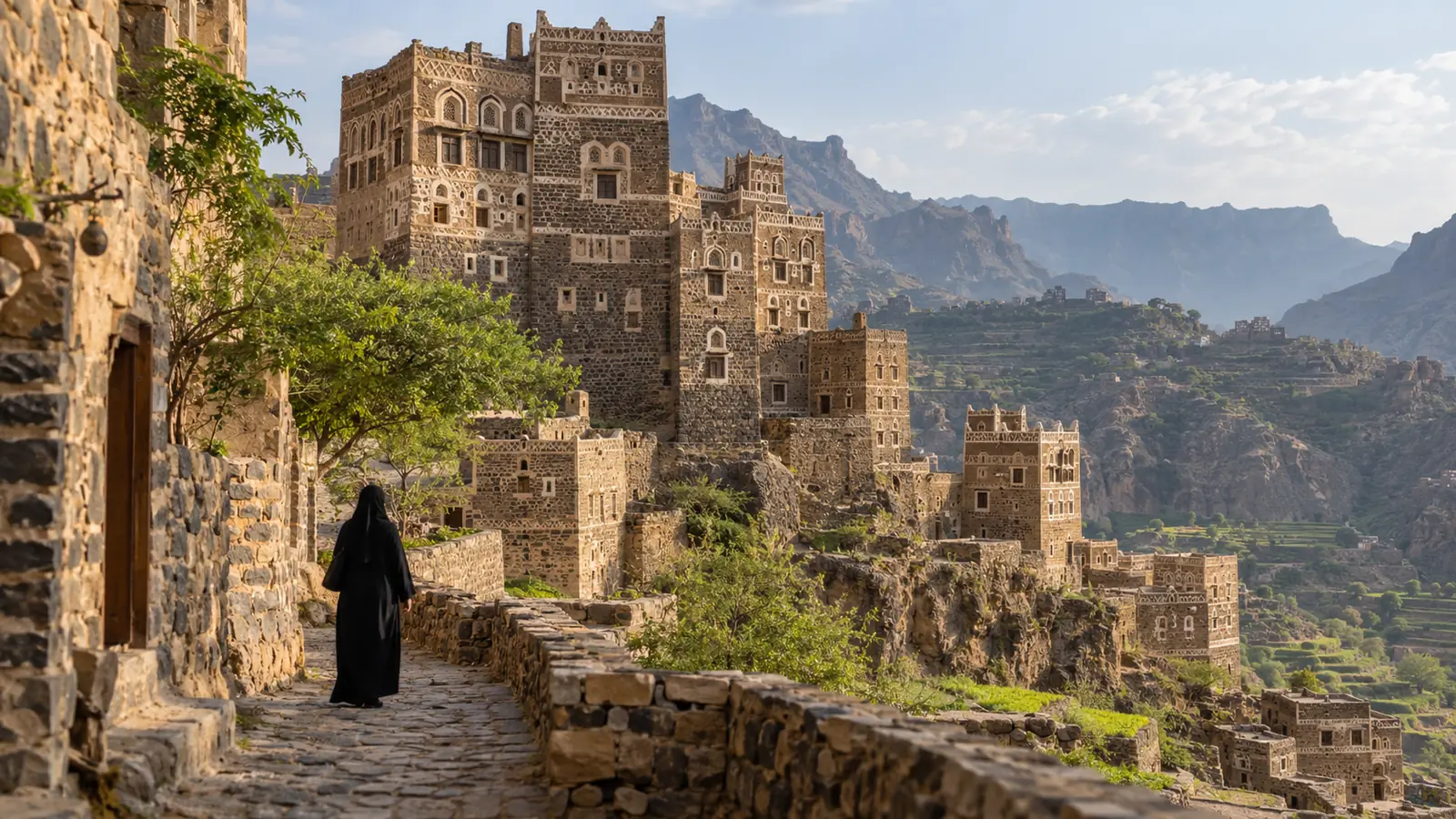 بيوت حجرية عالية في بلدة يمنية جبلية بضوء النهار وامرأة محتشمة من الخلف