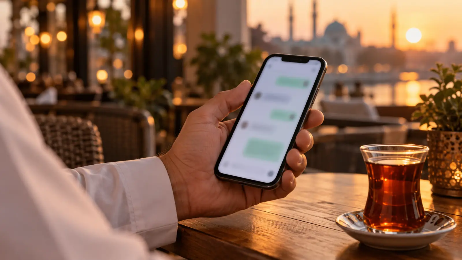 يد تمسك هاتفًا وتكتب أول رسالة بعد قبول طلب التعارف
