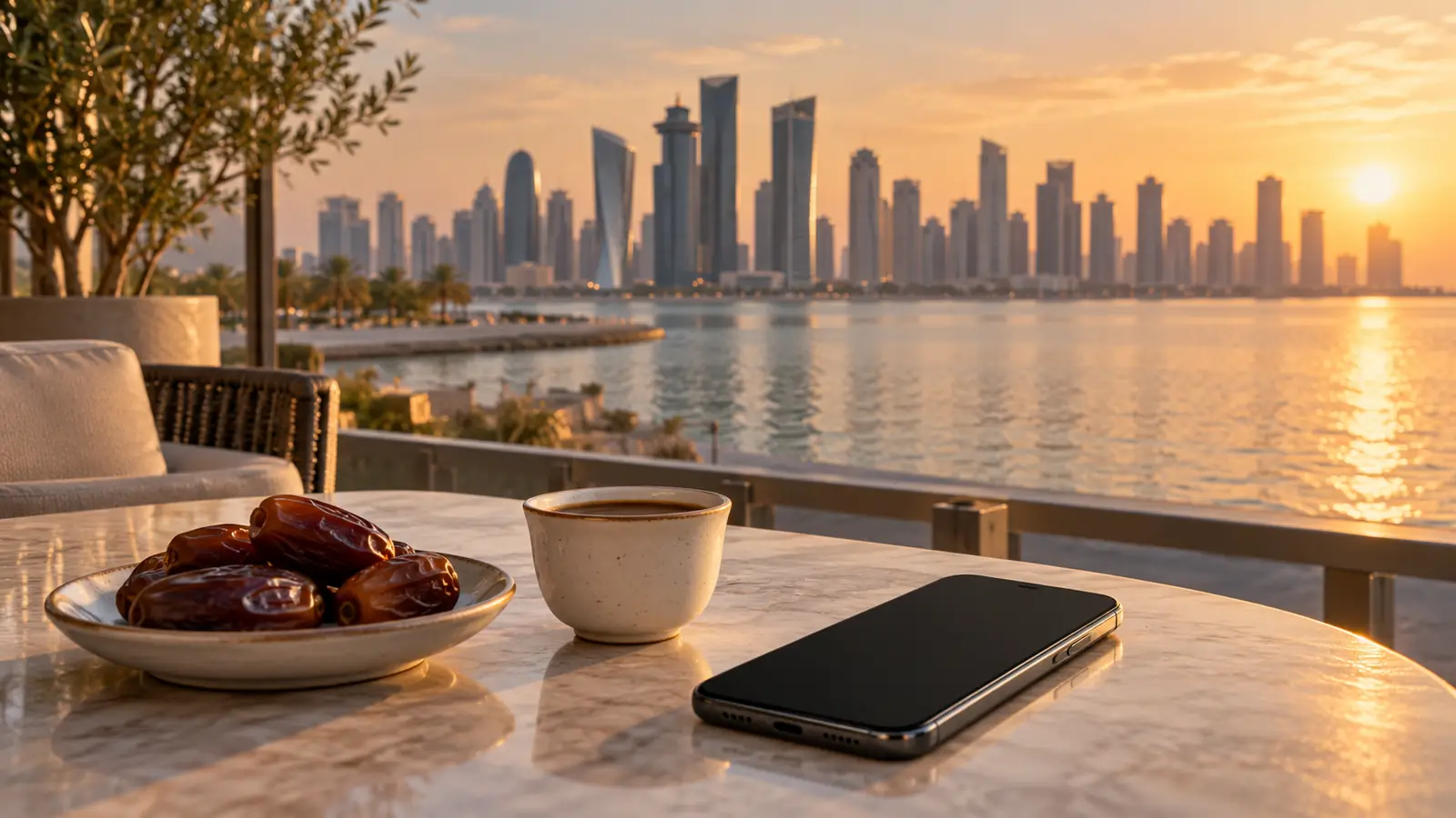 هاتف على طاولة مقهى مطل على أفق مدينة خليجية عند الغروب رمزًا للبحث عن موقع زواج خليجي مجاني