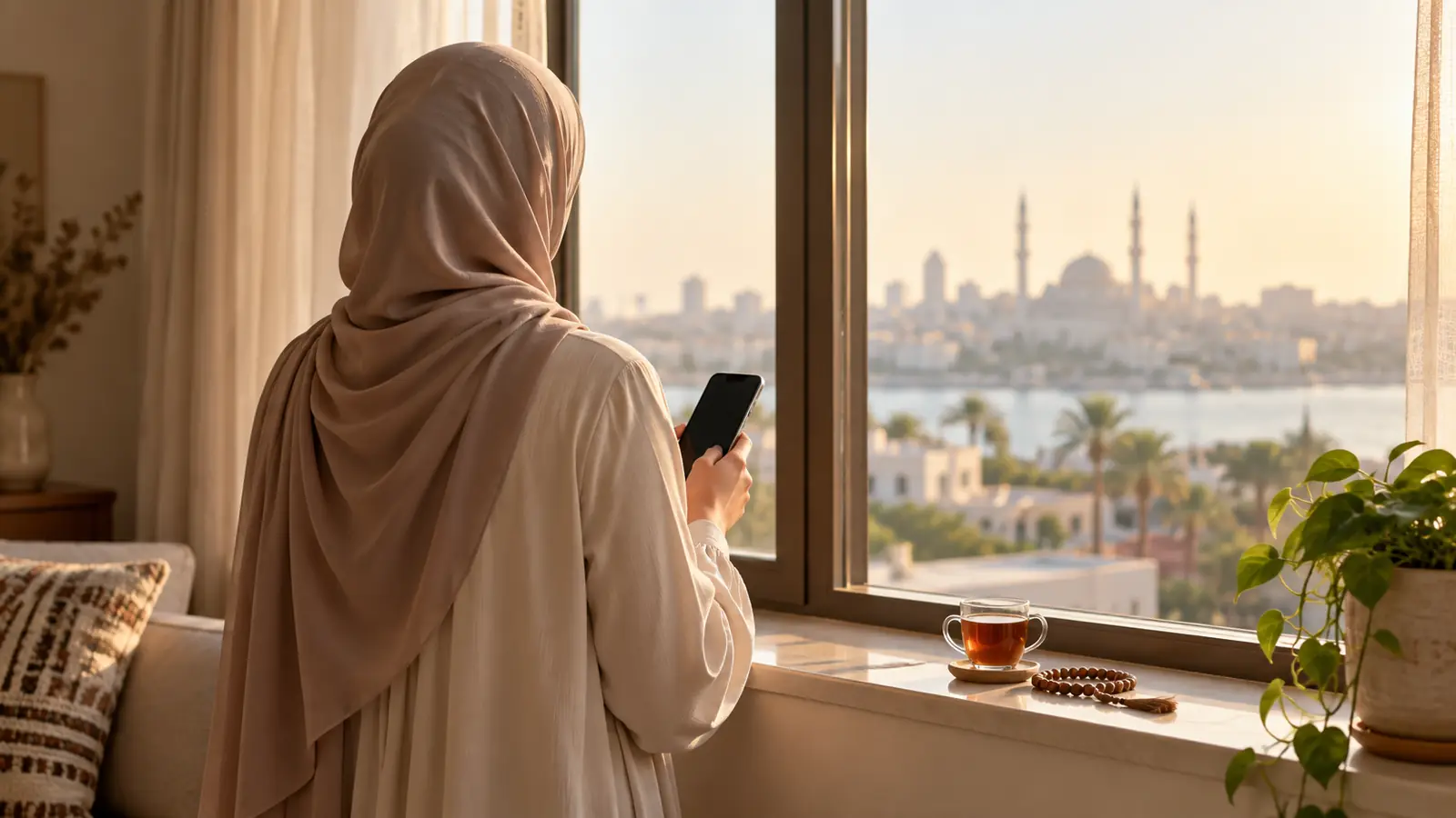 امرأة ترتدي ملابس محتشمة تمسك هاتفها بجوار نافذة وهي تفكر في موقع زواج إسلامي مجاني بالصور