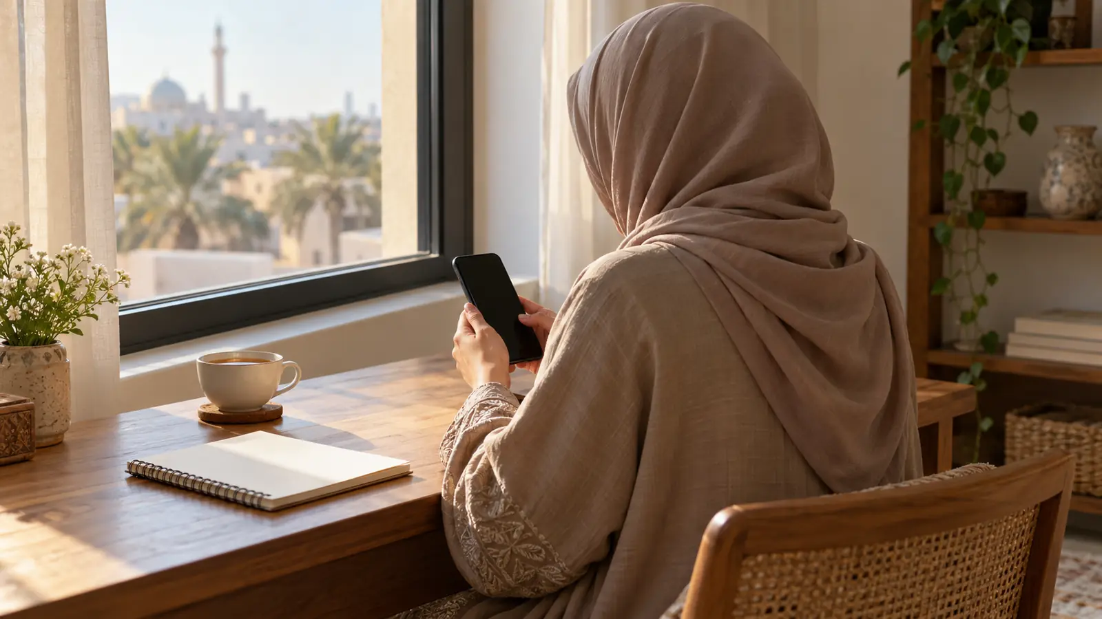 امرأة عربية محتشمة تراجع رسالة على هاتفها بحذر قرب نافذة في ضوء الصباح