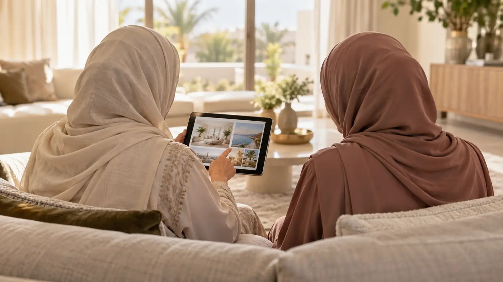 أم وابنتها من الخلف تتناقشان معًا في غرفة معيشة مضيئة حول اختيار الزوج الصالح