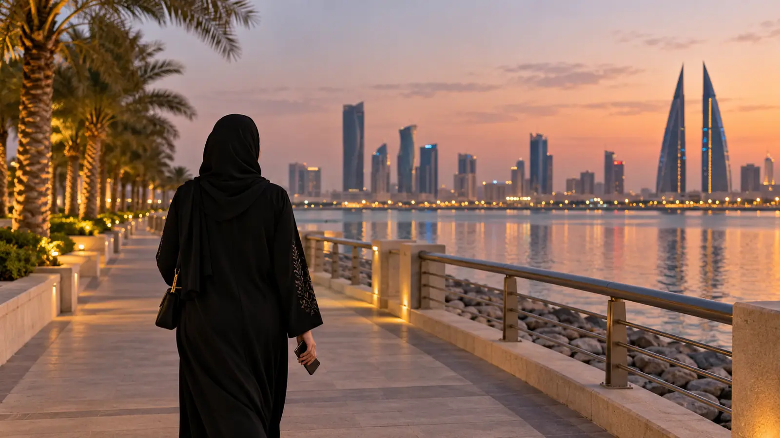 سيدة عربية محتشمة تسير على كورنيش هادئ في المنامة وتفكر في خطابة في البحرين وخصوصية بياناتها