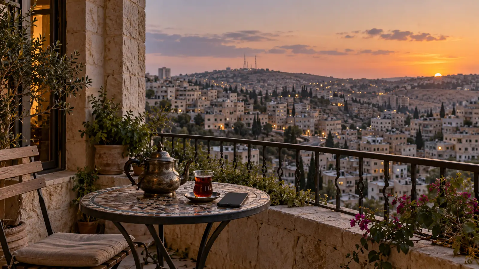 شرفة بيت حجري في عمّان عند الغروب وعليها إبريق شاي وهاتف، مشهد عن الاختيار بين خاطبة في الأردن وتطبيق