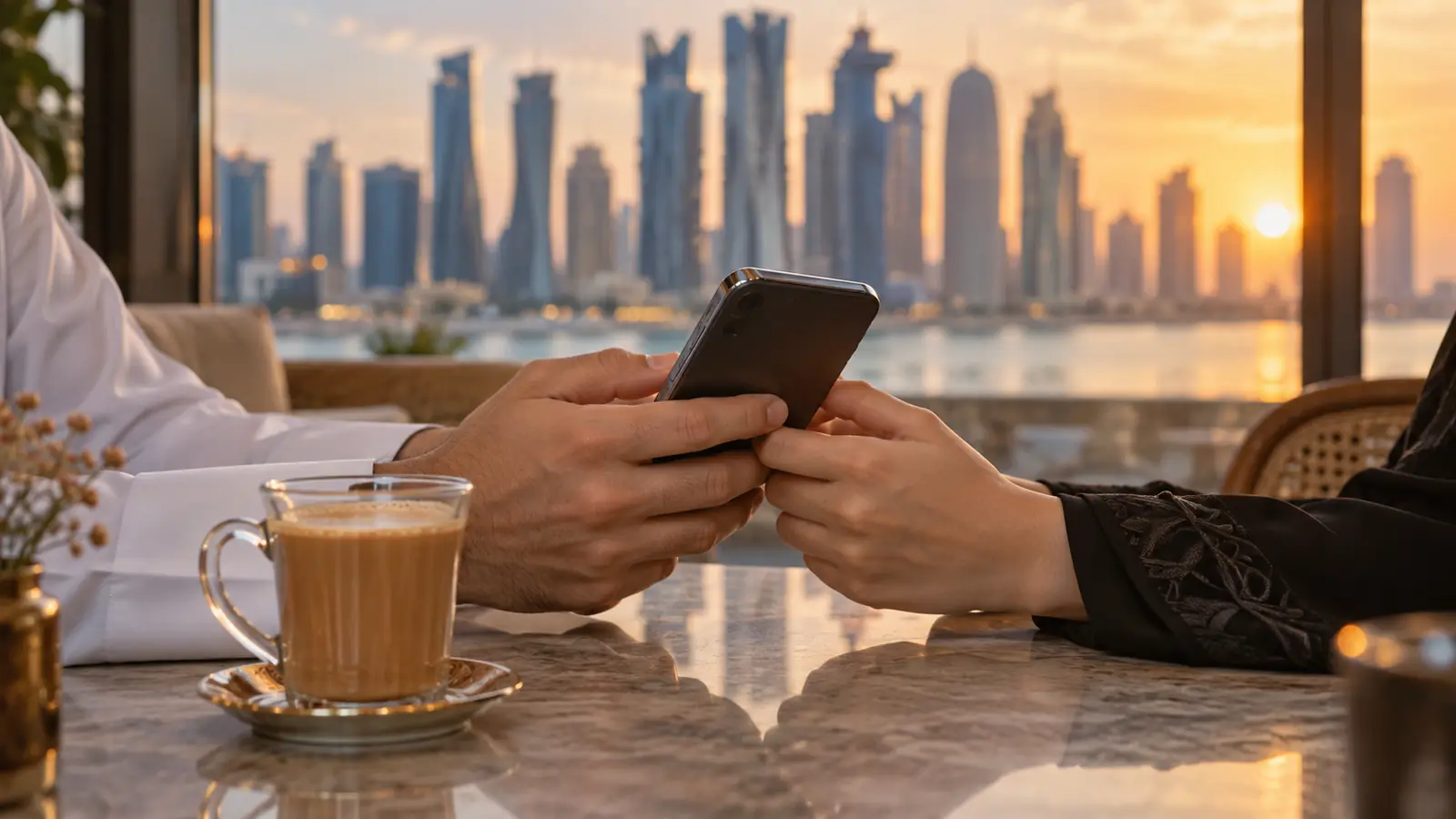 يدان تمسكان هاتفًا على طاولة مقهى في الدوحة أثناء البحث عن خطابة في قطر أو تطبيق زواج
