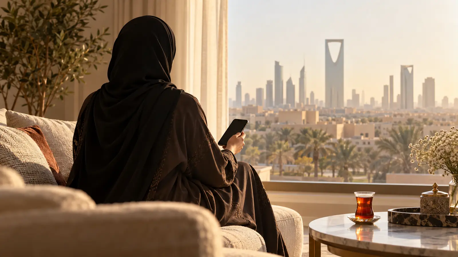 سيدة سعودية تجلس قرب نافذة مشمسة وتتصفح هاتفها وهي تفكر في خطابة في السعودية أو تطبيق زواج