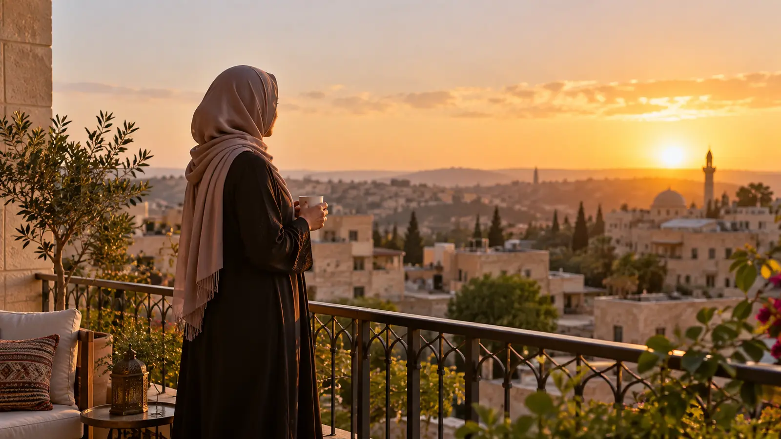 امرأة عربية محتشمة تقف على شرفة هادئة وقت الغروب وبيدها كوب شاي