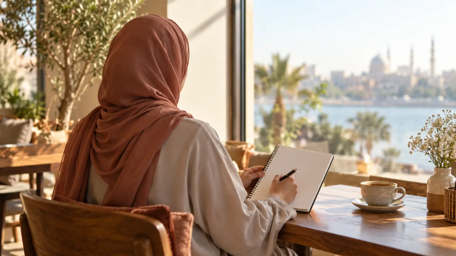امرأة عربية محتشمة تدوّن قائمة توقعاتها في دفتر قرب نافذة مشمسة