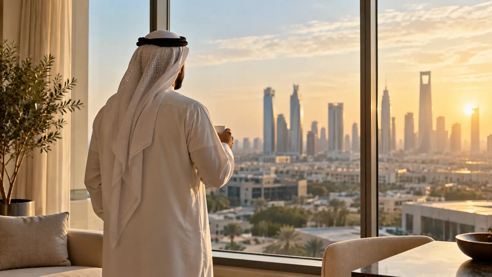 رجل عربي من الخلف عند نافذة شقة يحمل فنجان قهوة وينظر إلى المدينة صباحًا