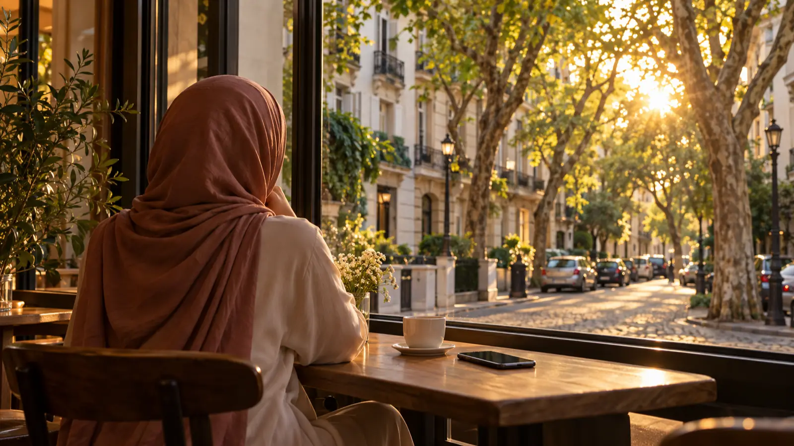 سيدة عربية من الخلف قرب نافذة مقهى في بوينس آيرس تفكر في أفضل تطبيق زواج للعرب في الأرجنتين