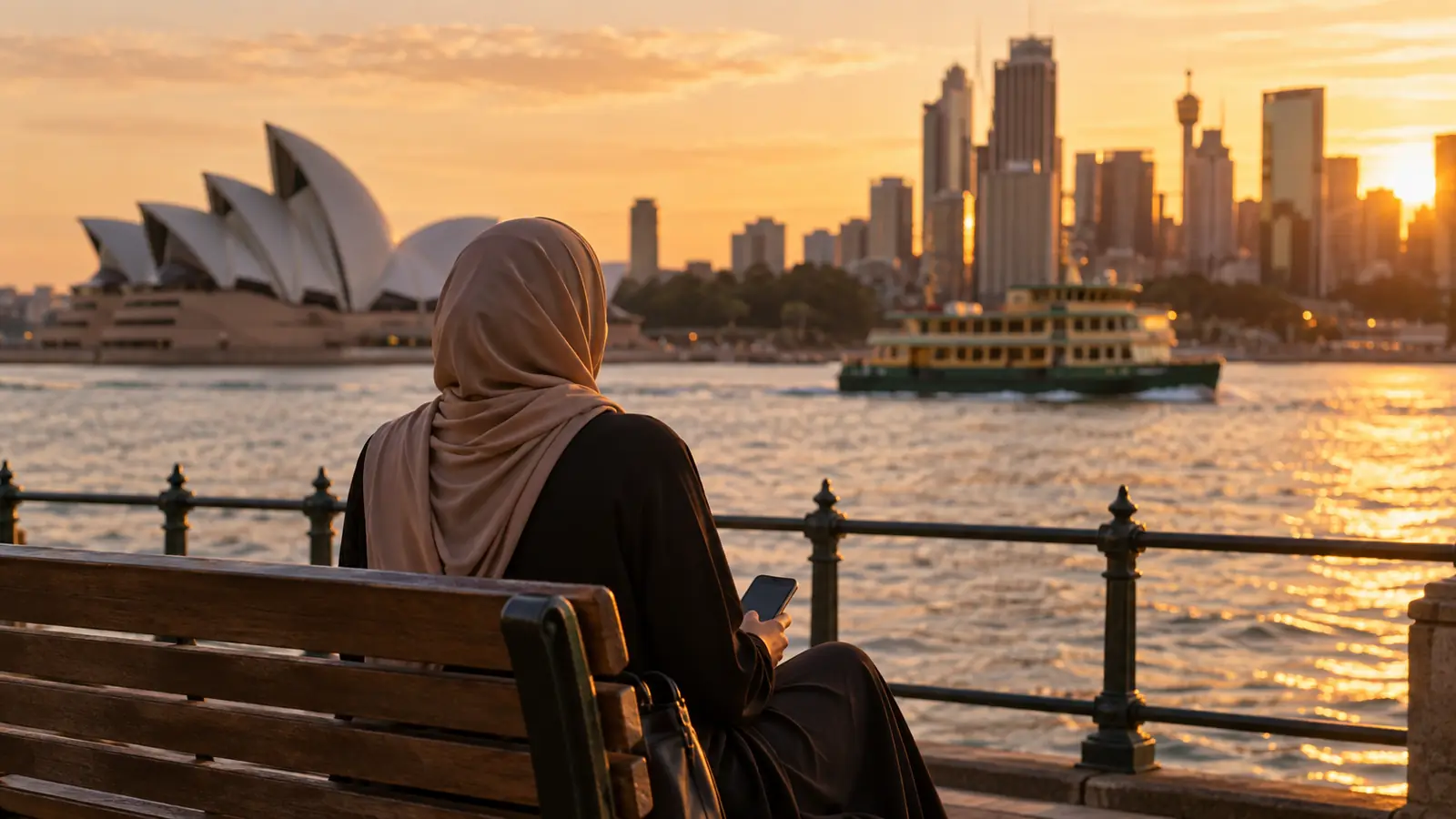 امرأة عربية محتشمة من الخلف تجلس قرب ميناء سيدني وتمسك هاتفها عند البحث عن أفضل تطبيق زواج للعرب في أستراليا