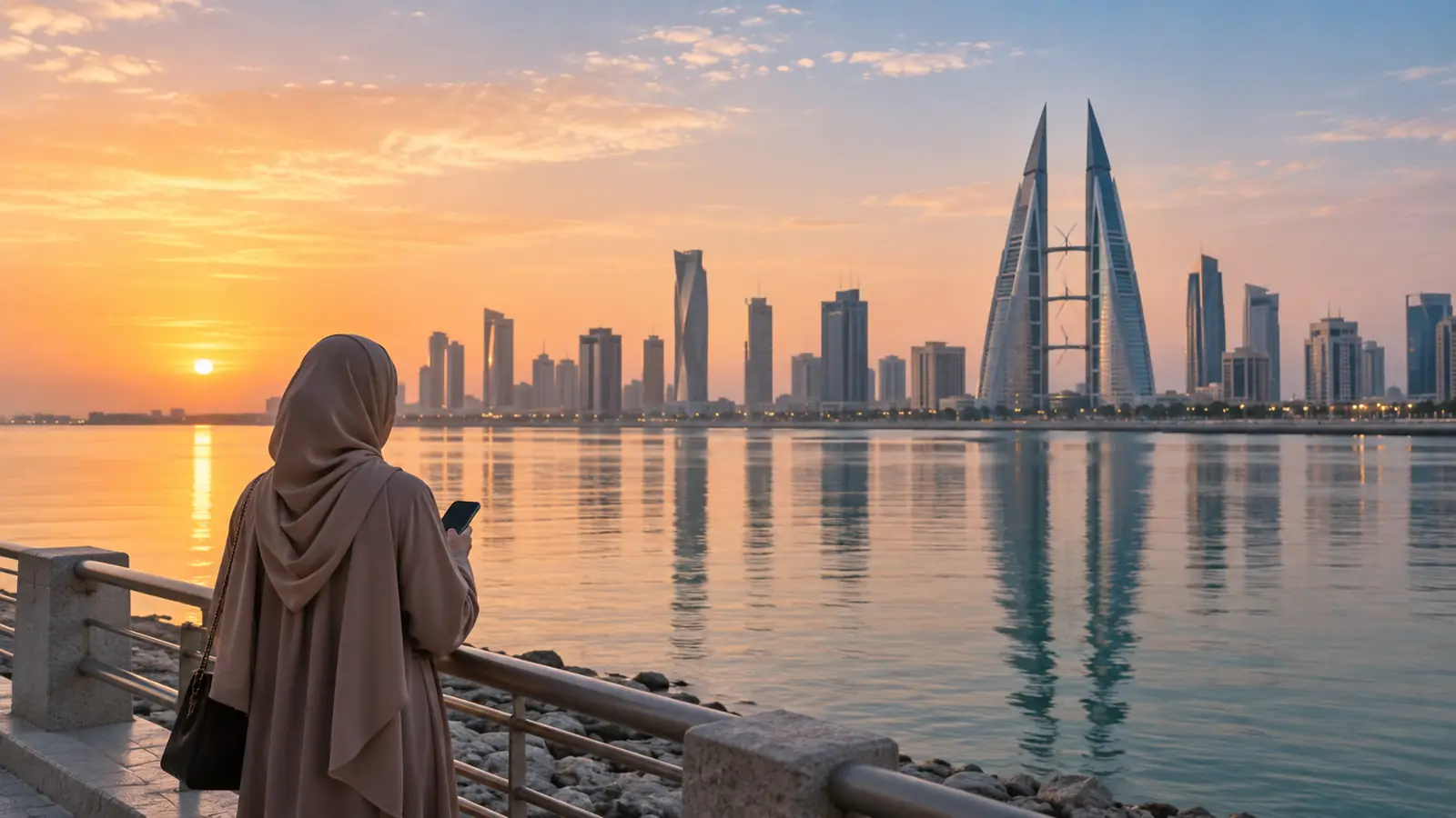 امرأة من الخلف على واجهة المنامة البحرية عند الفجر تتصفح تطبيق زواج، مع أفق المدينة في الخلفية
