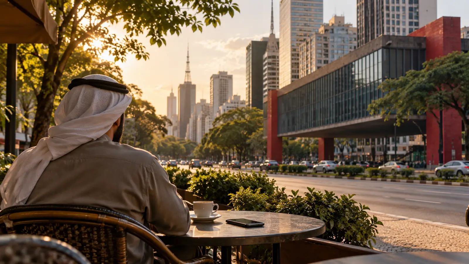 رجل عربي من الخلف في مقهى بساو باولو يتصفح هاتفه بحثًا عن أفضل تطبيق زواج للعرب في البرازيل