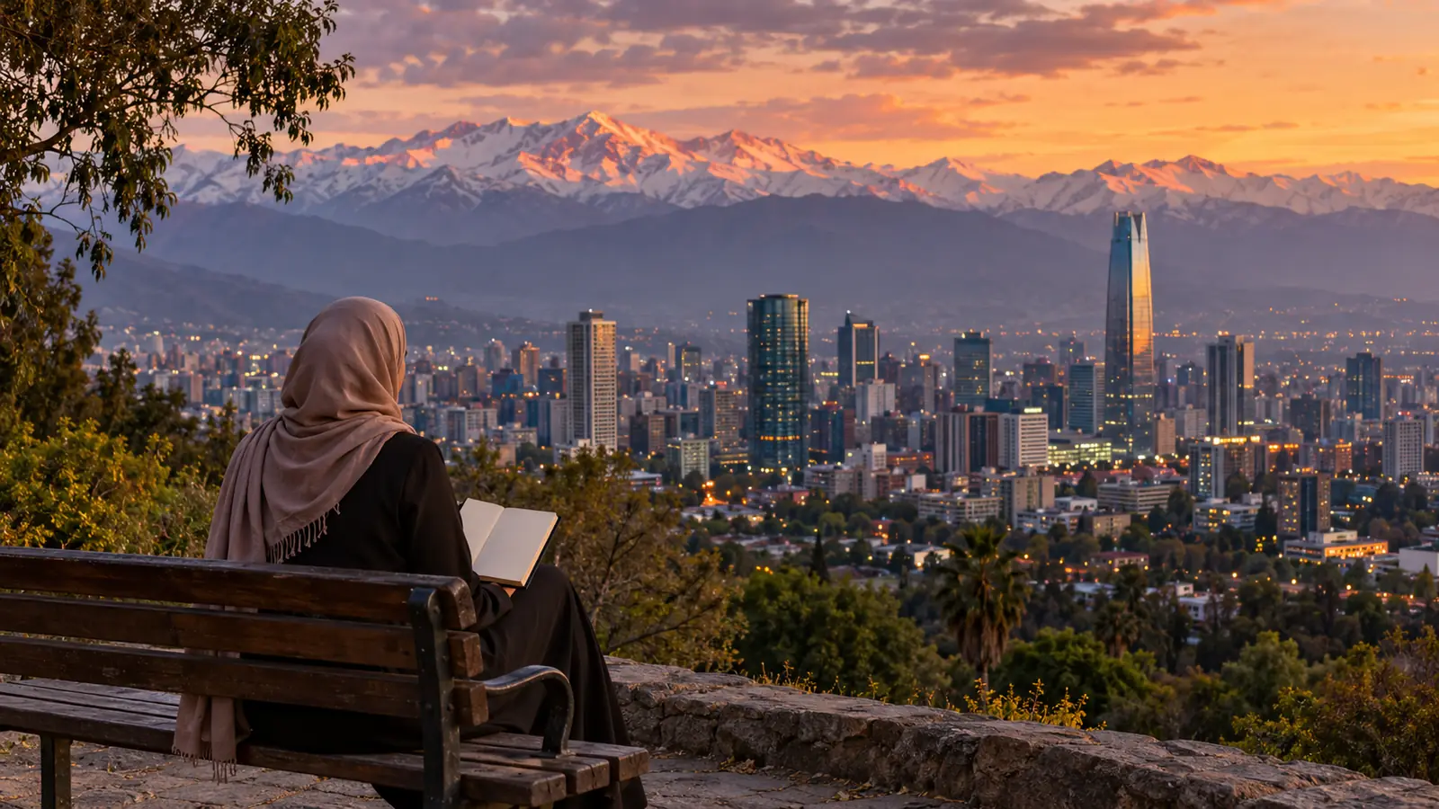 سيدة عربية من الخلف على مقعد في سانتياغو تدوّن معايير أفضل تطبيق زواج للعرب في تشيلي