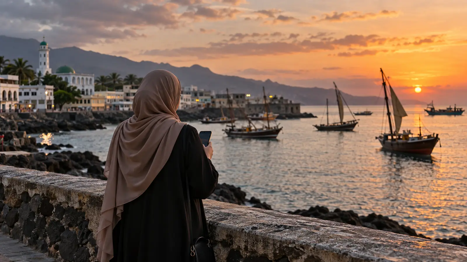 امرأة عربية من الخلف تنظر إلى ميناء موروني عند الغروب وبيدها هاتف، للبحث عن أفضل تطبيق زواج في جزر القمر