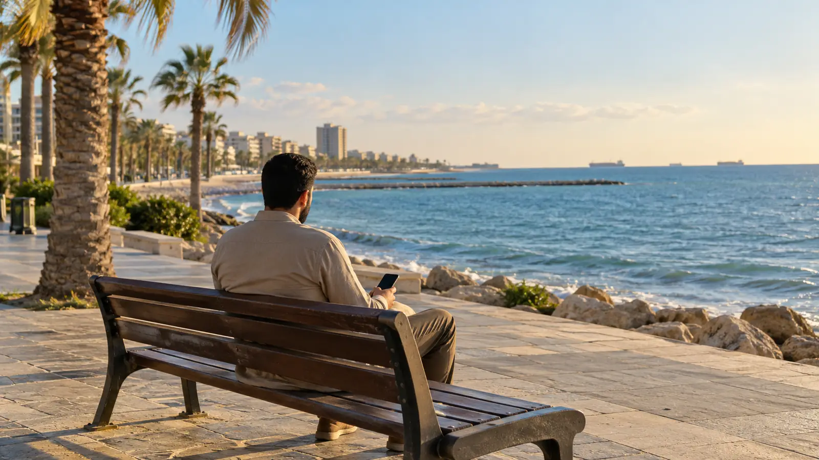 رجل عربي من الخلف على كورنيش لارنكا يفكر في أفضل تطبيق زواج للعرب في قبرص