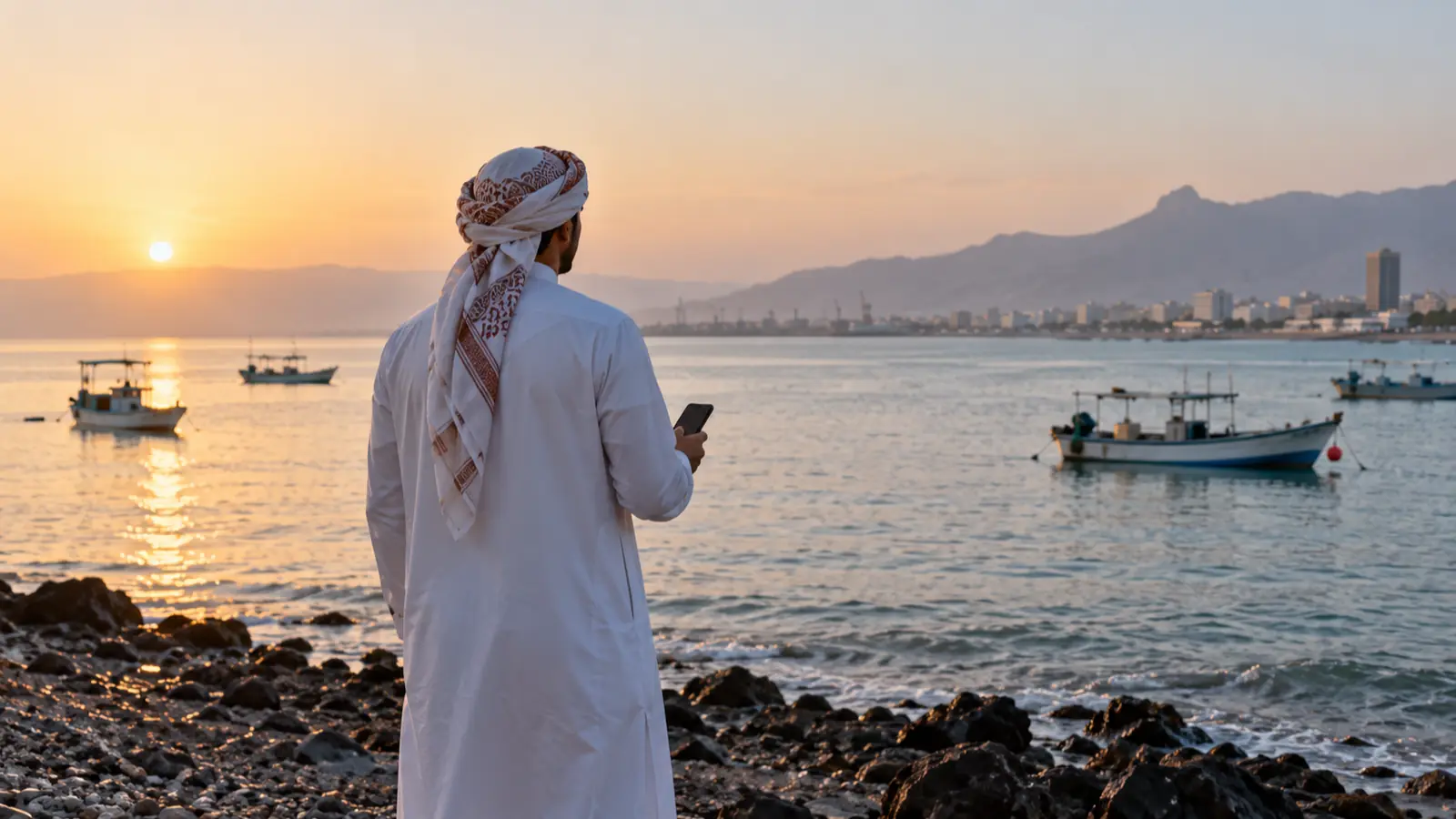 رجل من الخلف على شاطئ خليج تاجورة قرب مدينة جيبوتي صباحًا وبيده هاتف، صورة عن أفضل تطبيق زواج في جيبوتي