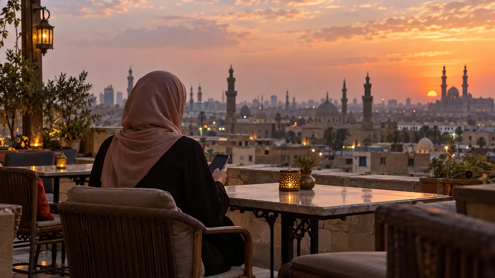 مقهى على سطح في القاهرة وقت الغروب لمن يقارن أفضل تطبيق زواج في مصر