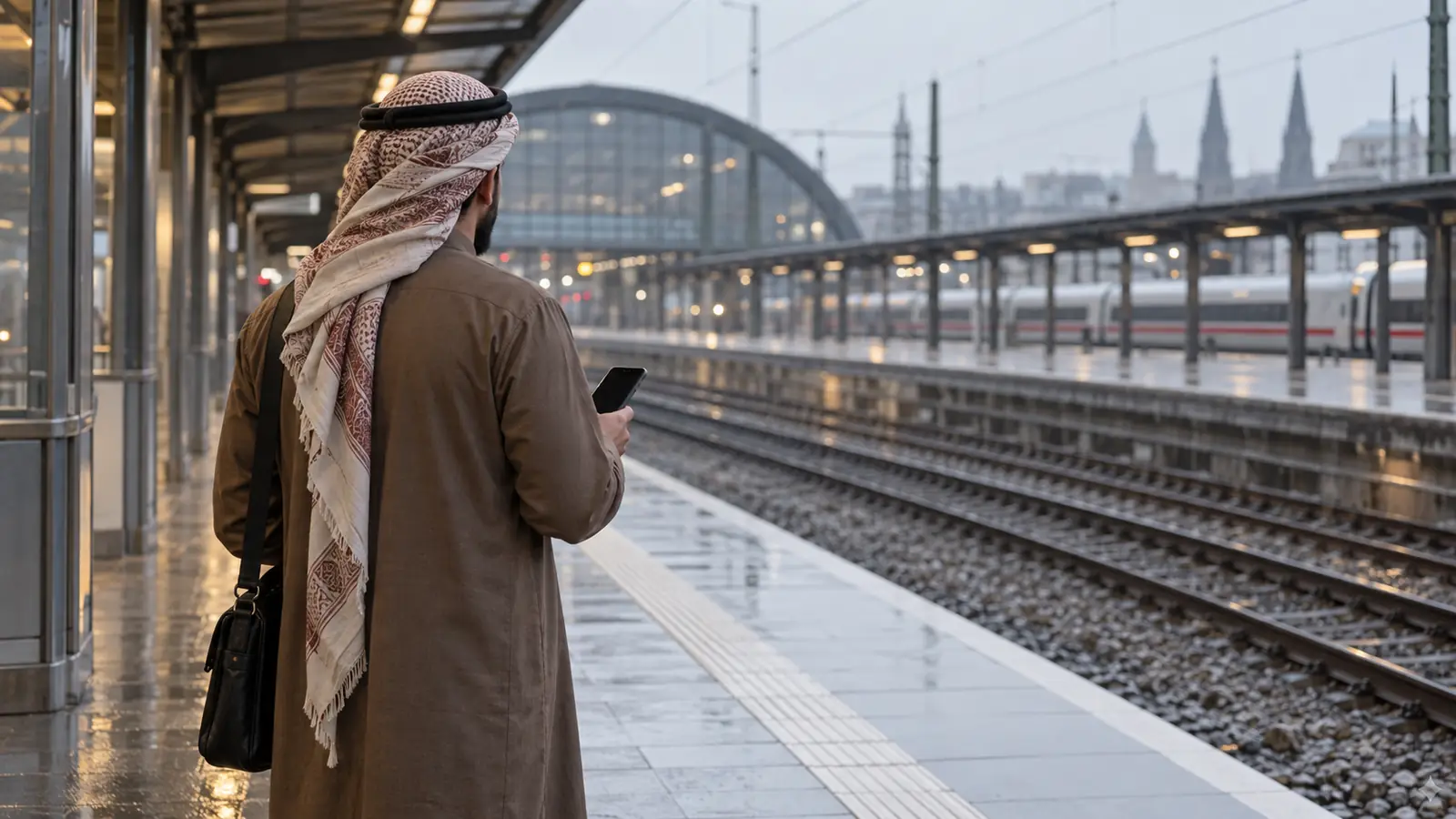 رجل عربي من الخلف على رصيف قطار في ألمانيا وبيده هاتف، بحثًا عن أفضل تطبيق زواج للعرب في ألمانيا