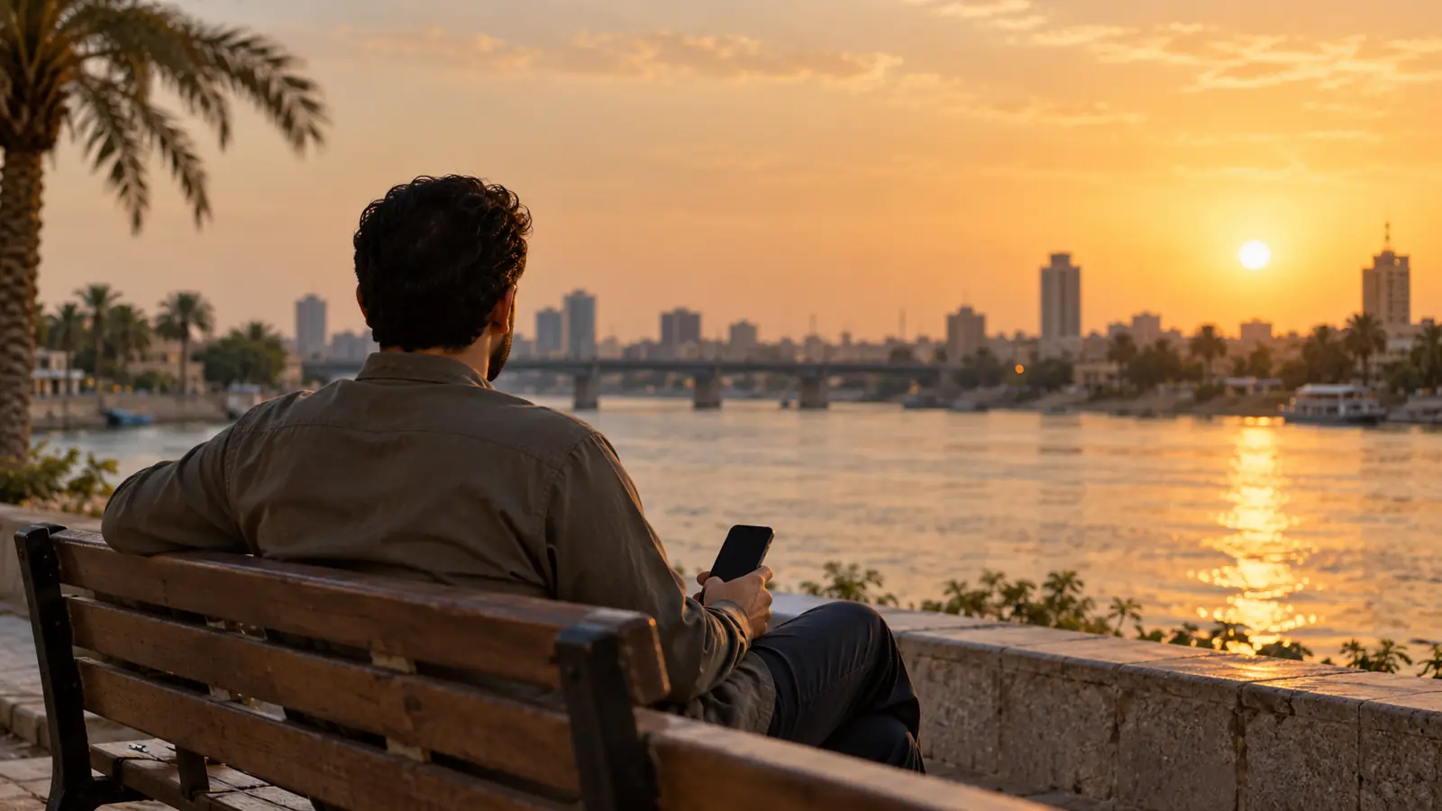 رجل عربي من الخلف يجلس على مقعد قرب نهر دجلة في بغداد وهو يتصفح هاتفه في هدوء، صورة معبرة عن أفضل تطبيق زواج في العراق