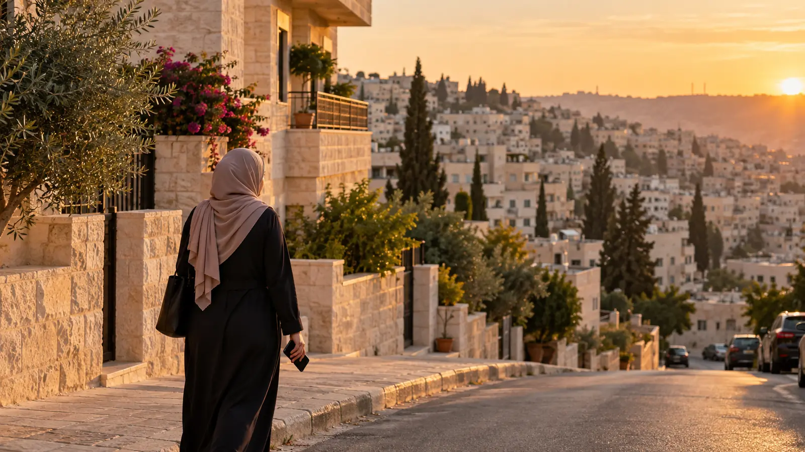 شارع هادئ في عمّان عند الغروب وسيدة محتشمة من الخلف تمسك هاتفها، للبحث عن أفضل تطبيق زواج في الأردن