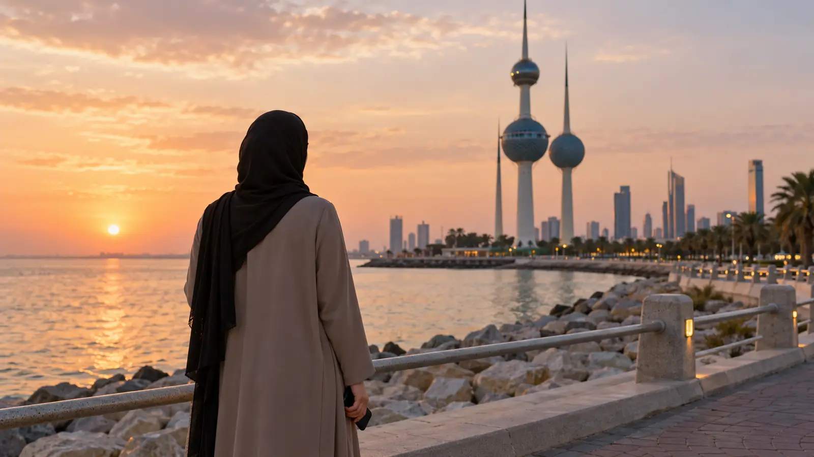 امرأة عربية محتشمة من الخلف على واجهة مدينة الكويت البحرية وقت الغروب مع هاتف في يدها