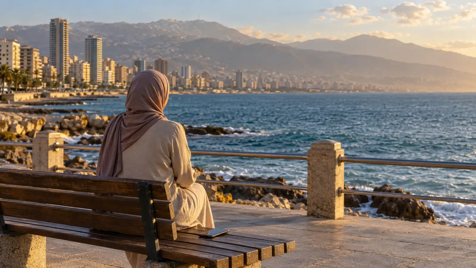 كورنيش بيروت عند الغروب وسيدة محتشمة من الخلف تجلس قرب البحر، للبحث عن أفضل تطبيق زواج في لبنان