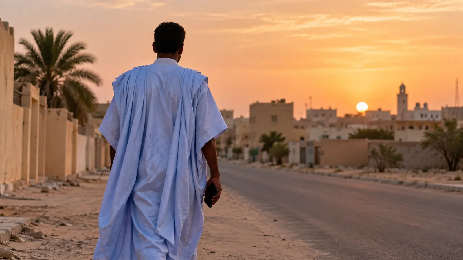 رجل بثوب فاتح في شارع هادئ بنواكشوط عند الغروب يفكر في أفضل تطبيق زواج في موريتانيا