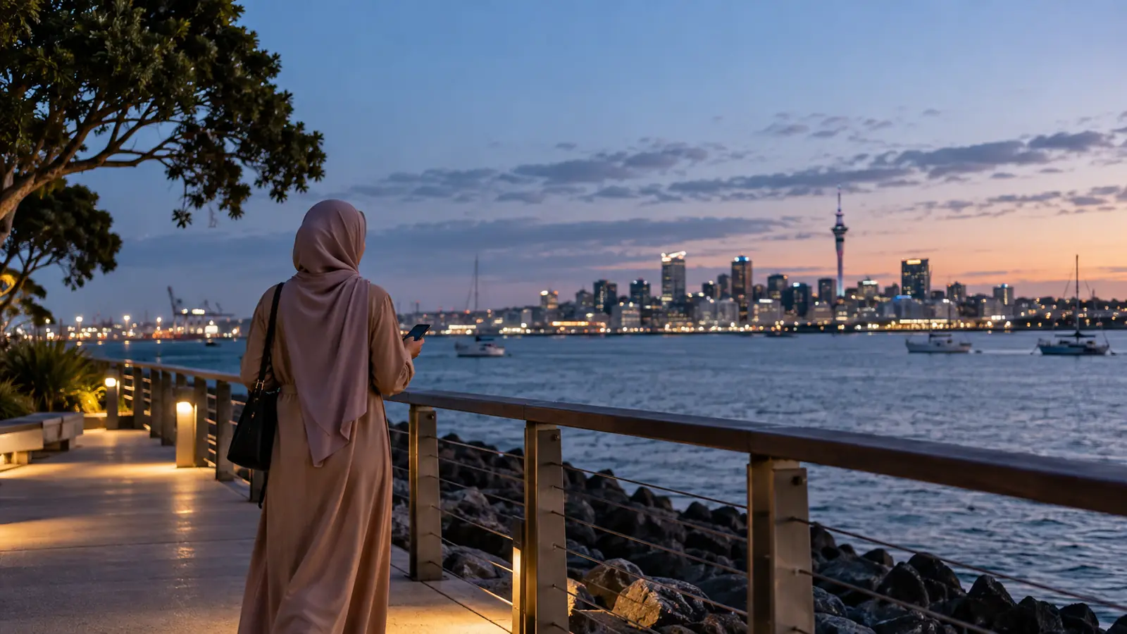امرأة عربية من الخلف على كورنيش أوكلاند تتصفح هاتفها بحثًا عن أفضل تطبيق زواج للعرب في نيوزيلندا