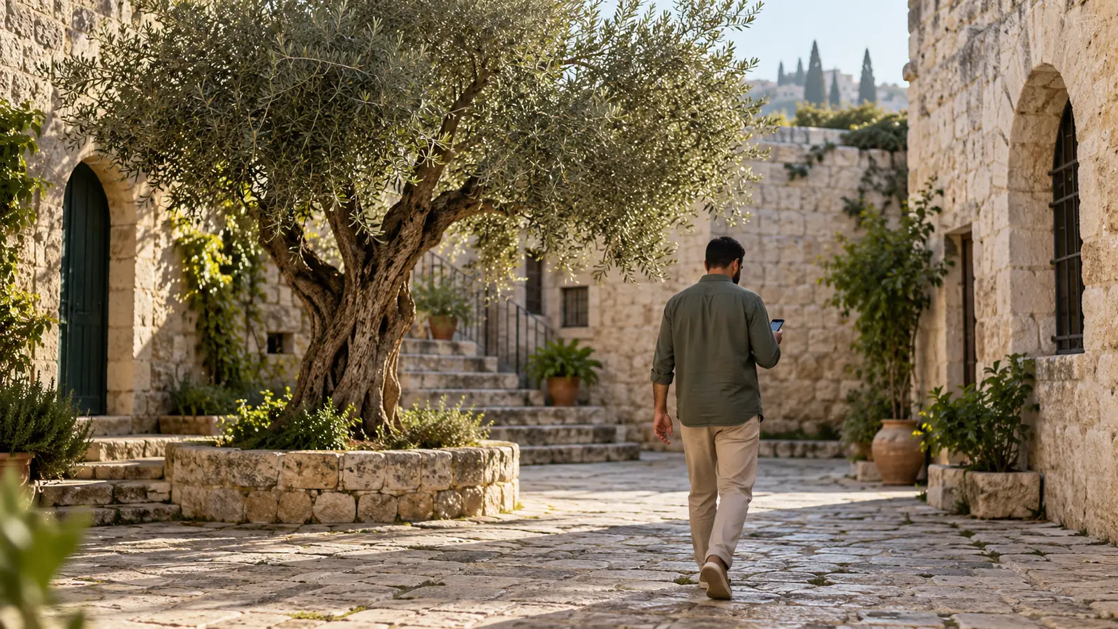 ساحة حجرية قديمة في بلدة فلسطينية صباحًا ورجل من الخلف يحمل هاتفه، للبحث عن أفضل تطبيق زواج في فلسطين
