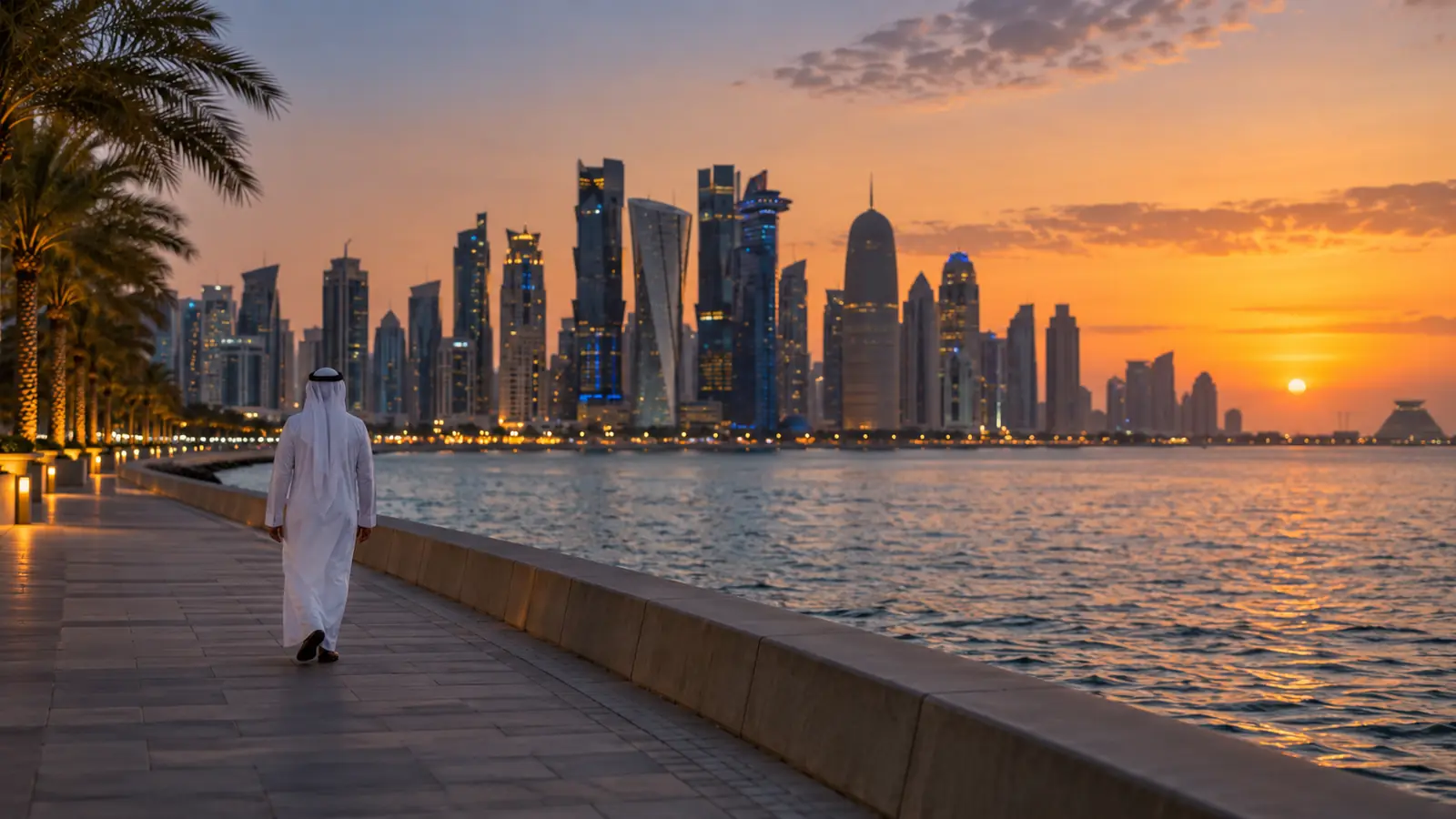 رجل يمشي على كورنيش الدوحة عند الغروب في مشهد هادئ يعبر عن البحث عن أفضل تطبيق زواج في قطر