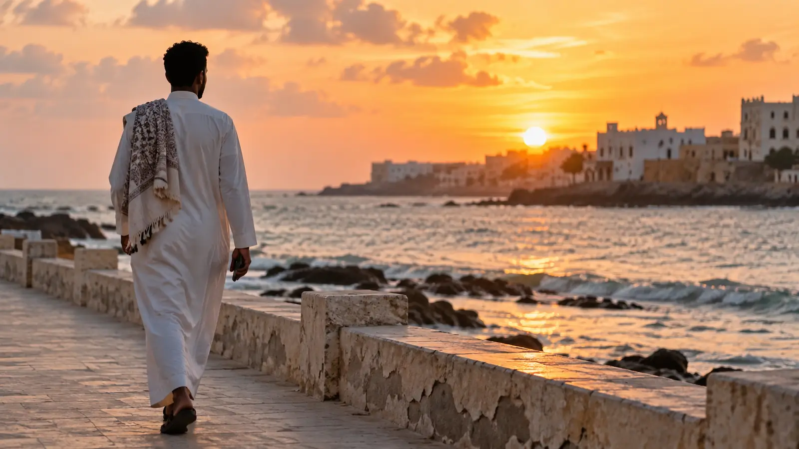 شاب من الخلف يمشي على كورنيش مقديشو عند الغروب وبيده هاتف، صورة عن أفضل تطبيق زواج في الصومال