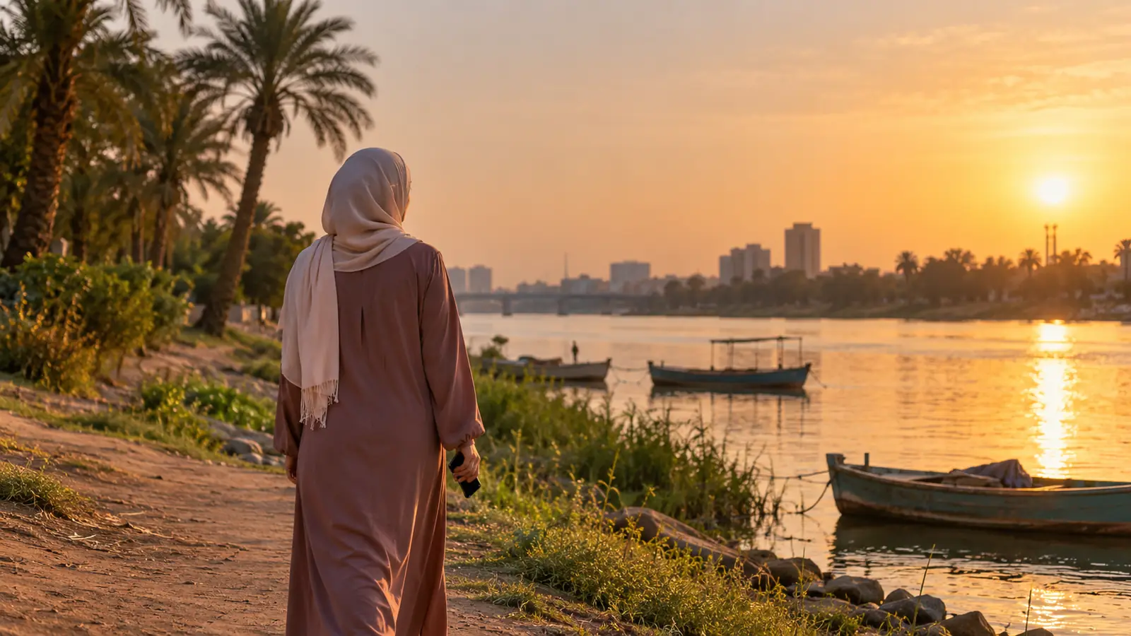 سيدة تمشي على ضفة النيل عند الغروب وهي تفكر في أفضل تطبيق زواج في السودان
